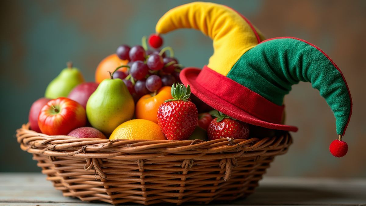 Bunte Früchte mit einem Joker-Hut oben drauf.