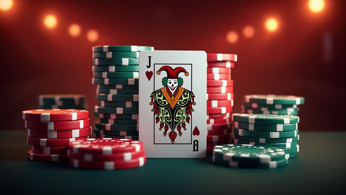 Carta de joker rodeada de fichas de póker con fondo de casino luminoso.