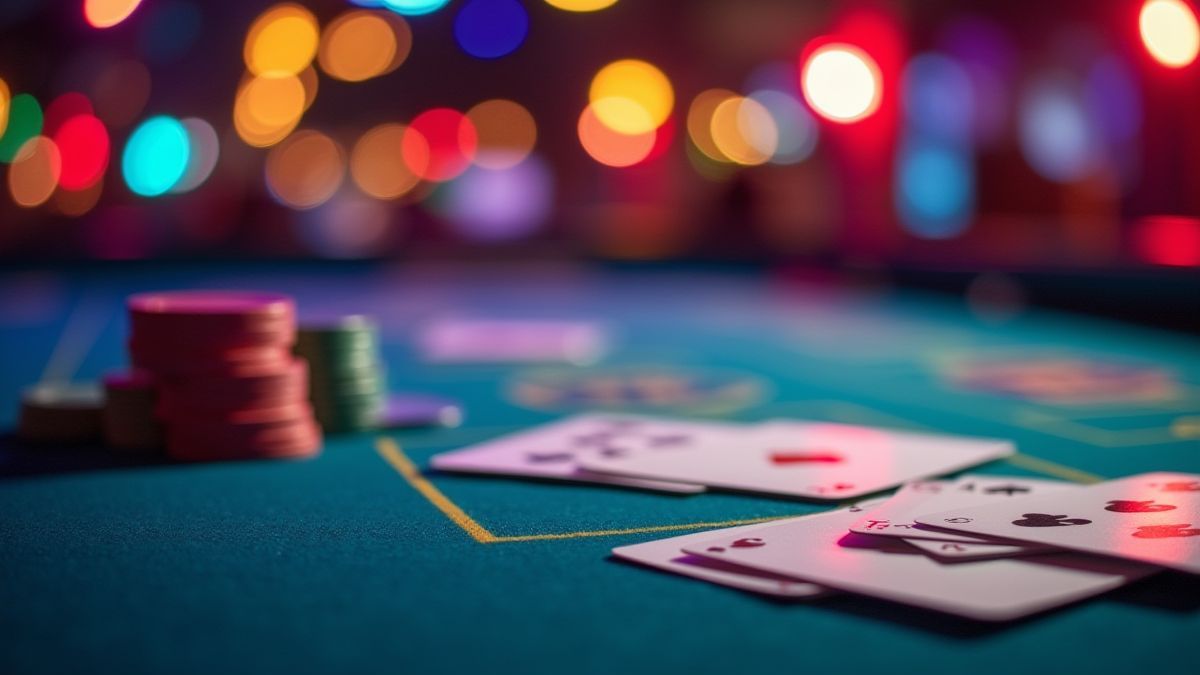 Mesa de casino con cartas de póker y fichas bajo luces vibrantes.