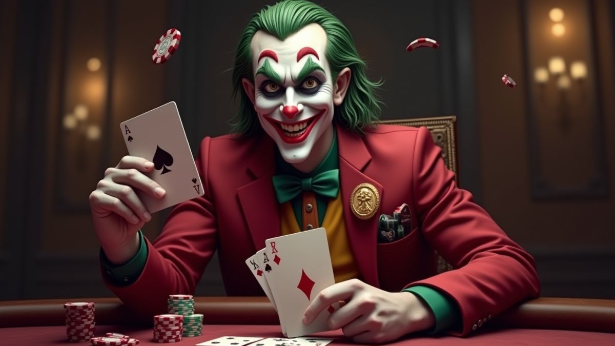 Personaje joker en un casino, sosteniendo cartas de póker y rodeado de fichas.