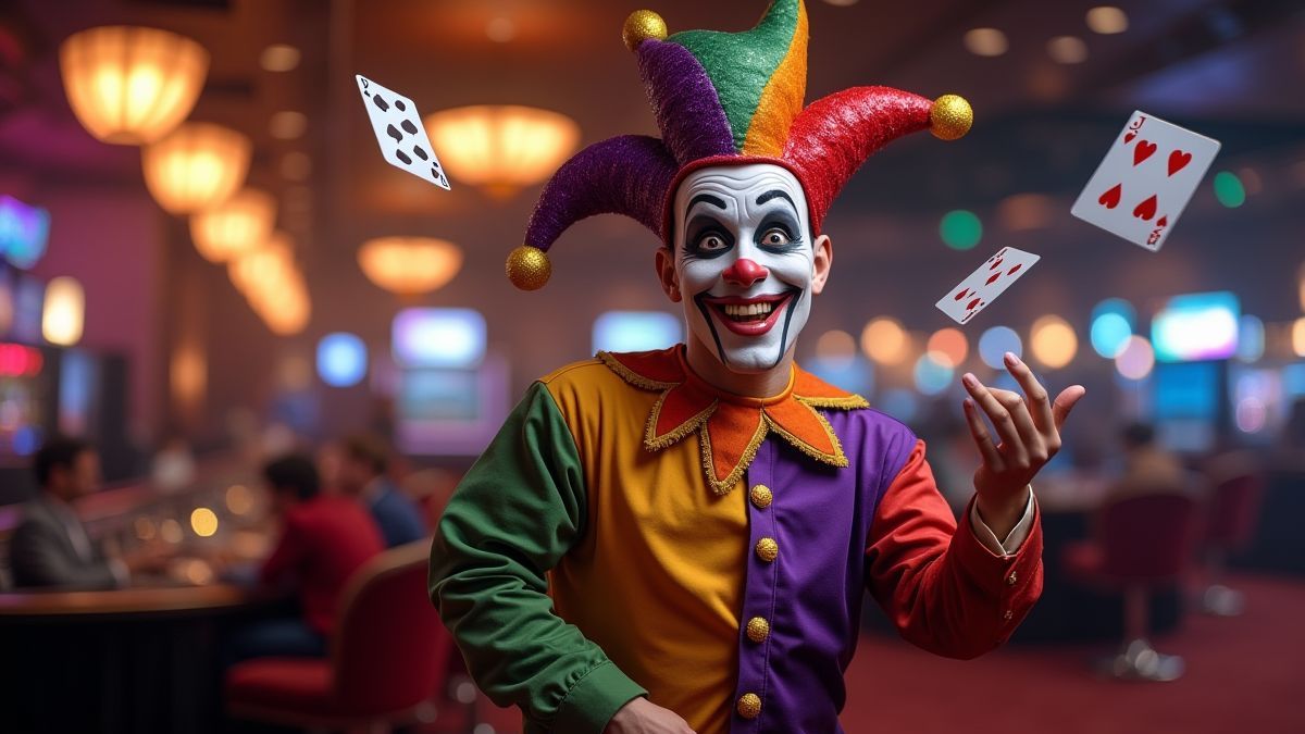 Um bobo lançando cartas de pôker em um cassino brilhante.