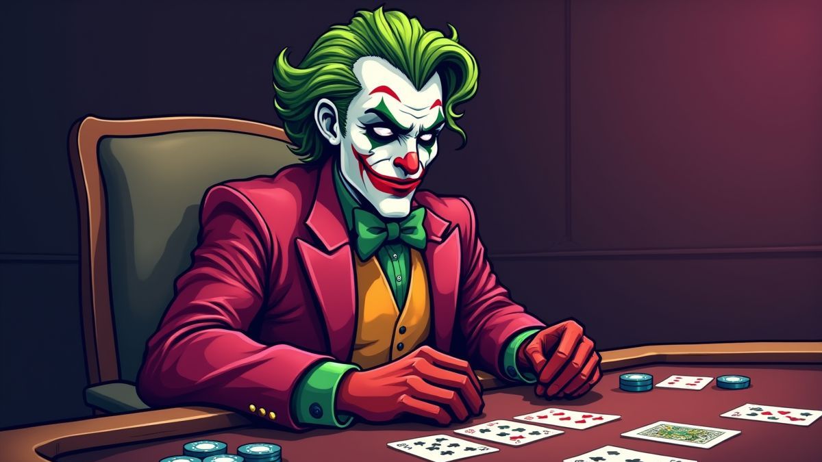 Un personnage de joker assis à une table de poker entouré de cartes et de jetons.