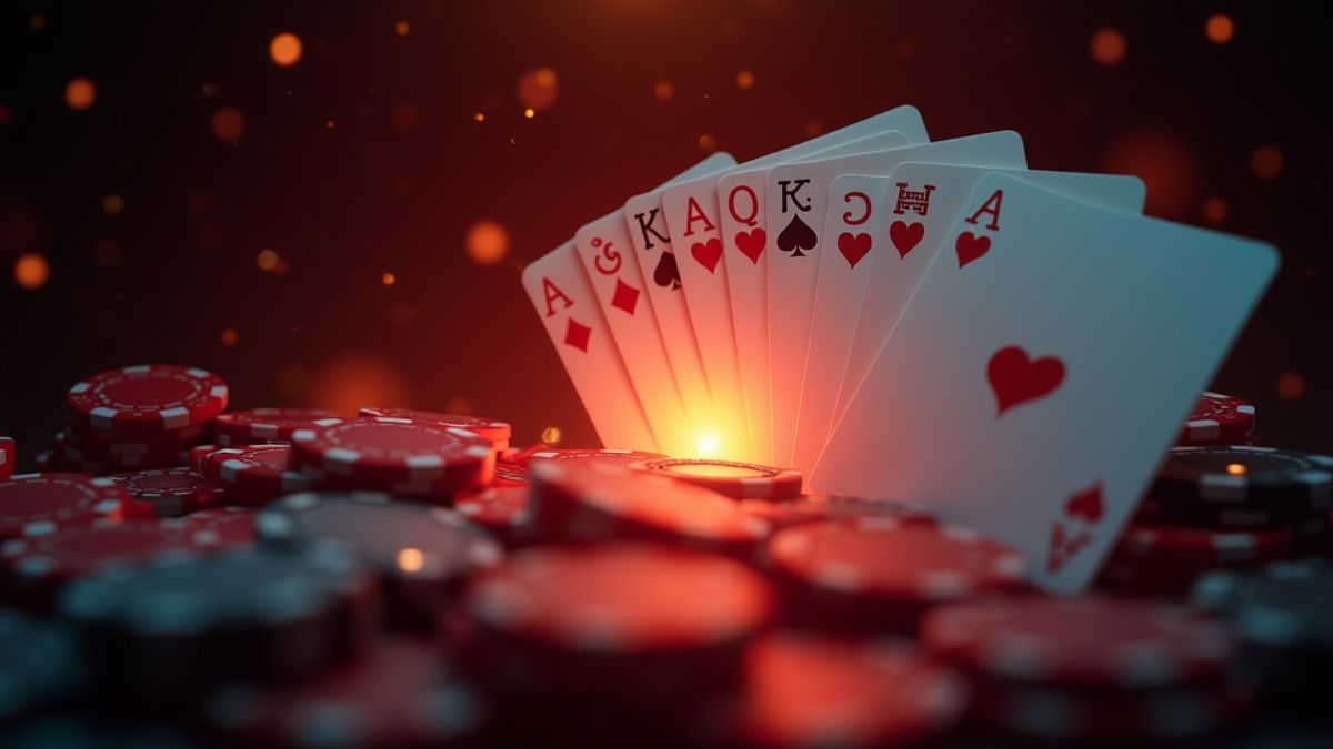 Cartes de poker et jetons brillants avec un effet magique pour mettre en avant les combinaisons gagnantes.