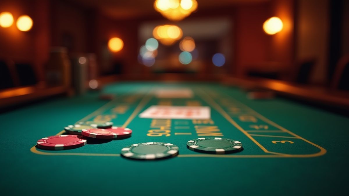 Table de poker avec jetons et cartes sous un éclairage doux de casino.
