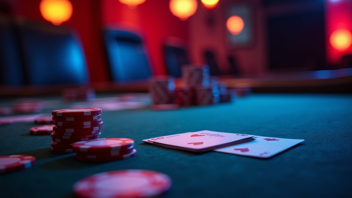 Poker table filled with chips and cards under colorful lights.