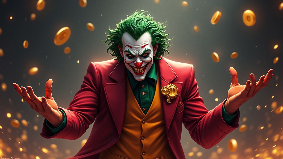 A joker tossing gold coins into the air with flashing lights.