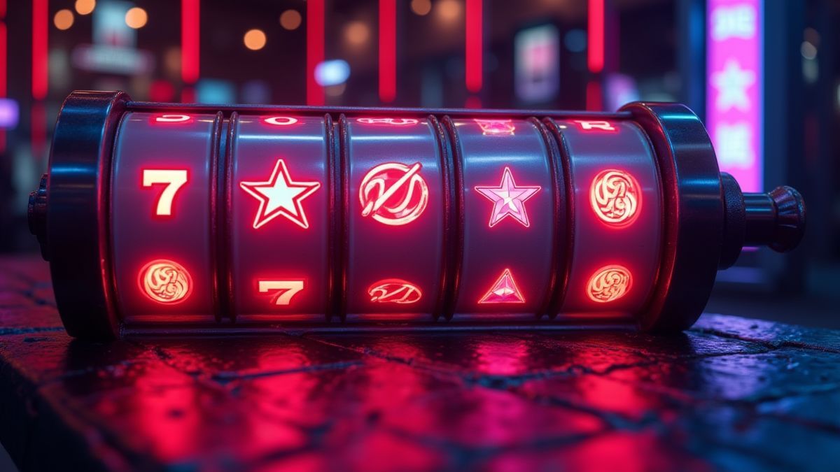 Carretes de casino illuminés avec symboles classiques dans un environnement futuriste.