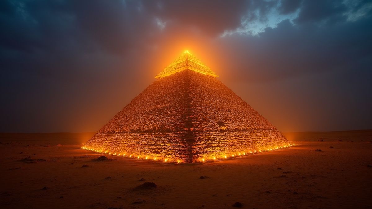 Pirámide iluminada rodeada de arenas doradas al atardecer.