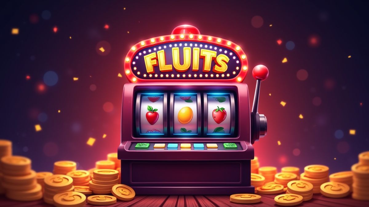 Ein Spielautomaten mit Frucht-Thema umgeben von leuchtenden Lichtern und Münzen.