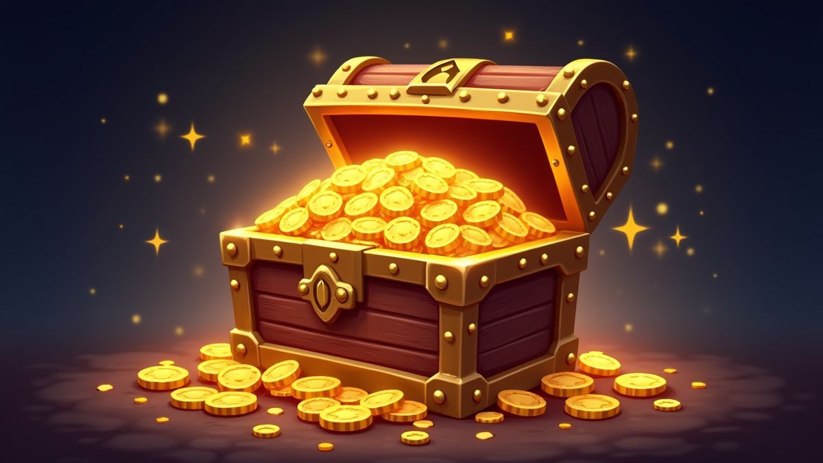 Eine Schatztruhe voller Goldmünzen und Juwelen, umgeben von Sternen.
