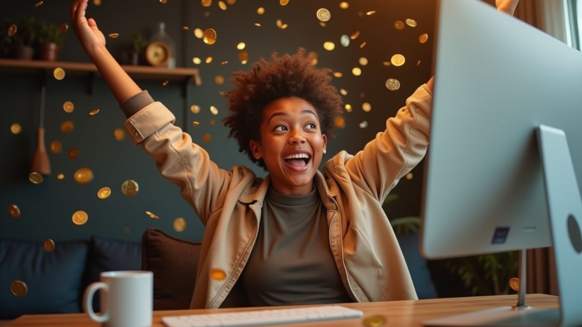 Eine Person feiert einen Gewinn vor einem Computer mit fliegenden Münzen.