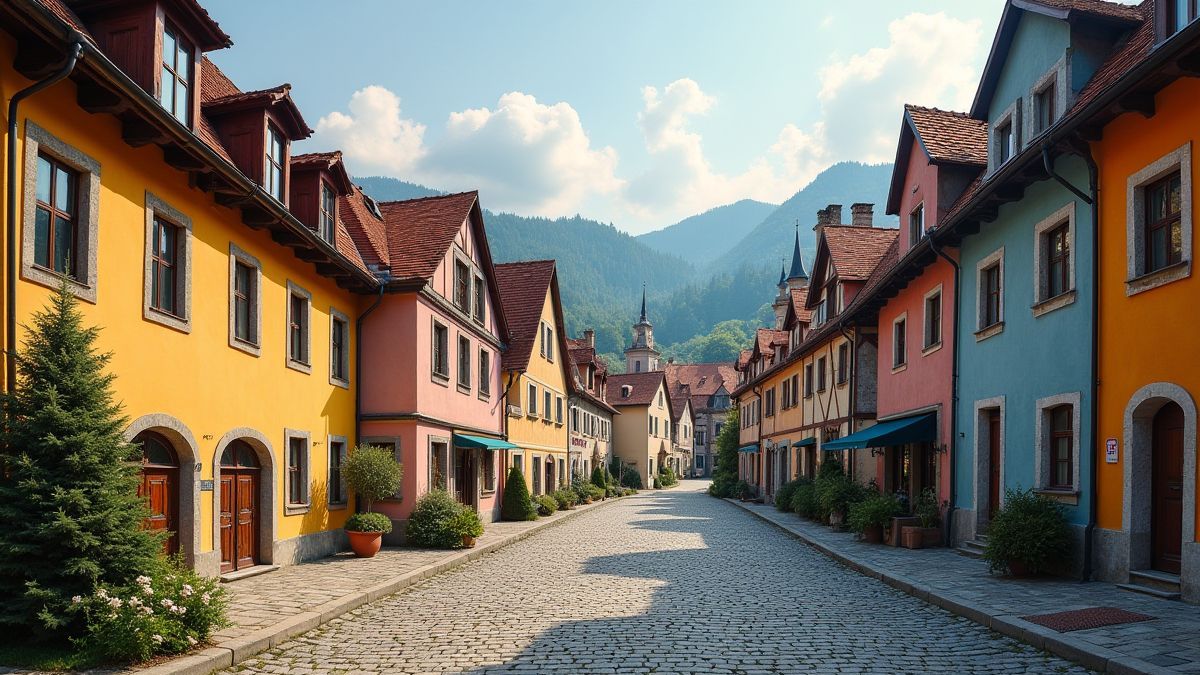 Um povo medieval com ruas empedradas e casas coloridas.