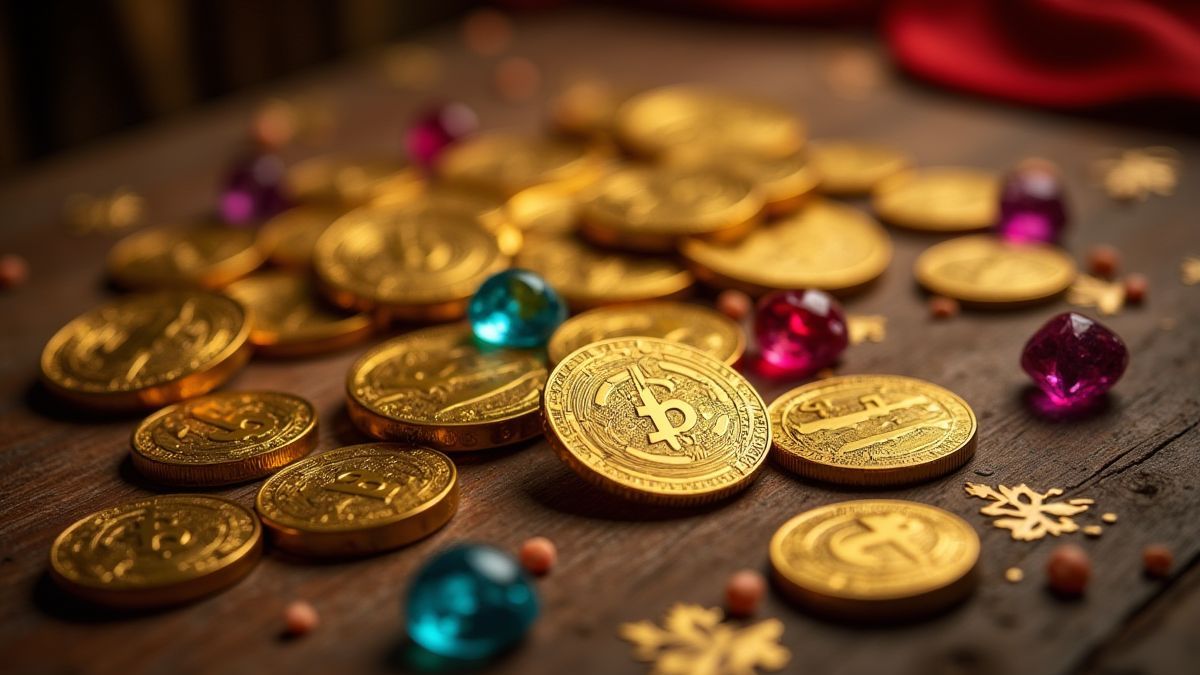 Moedas de ouro e gemas brilhantes sobre uma mesa de madeira medieval.
