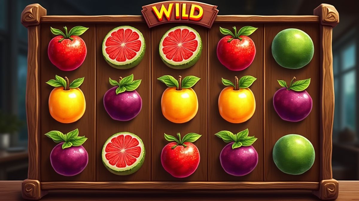 Een klassiek stijl van een gokkast met vruchten en wildsymbolen.