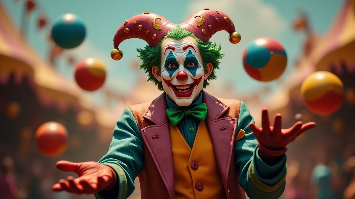 Un joker animado en un carnaval, haciendo malabares con objetos coloridos.