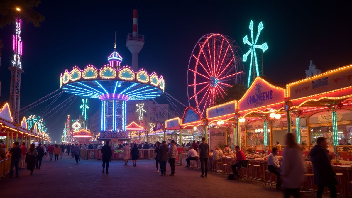 Una escena de carnaval iluminada con luces vibrantes y decoraciones coloridas.