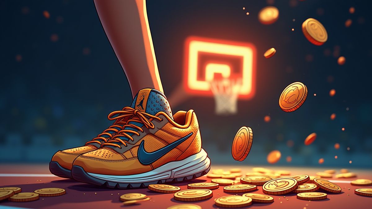 Tênis de basquete e um aro brilhante com moedas caindo.