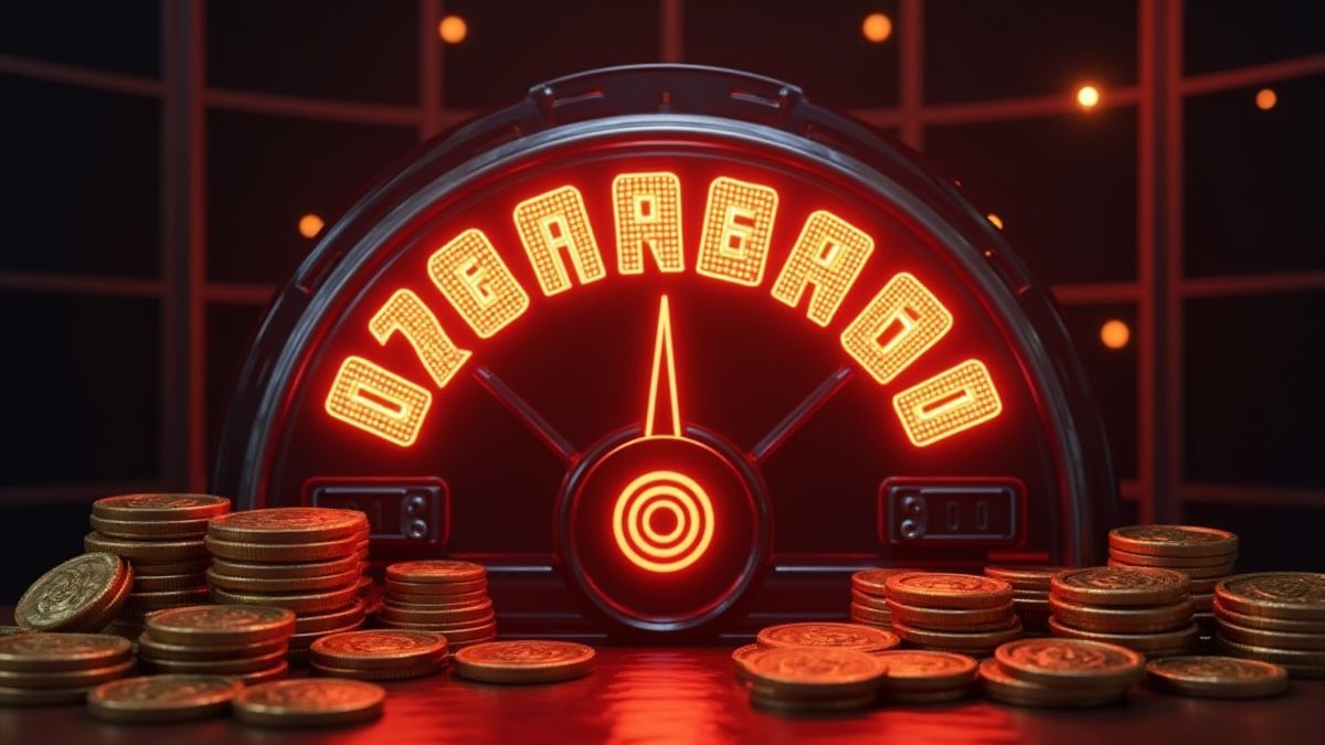 Medidor de jackpot brilhante cercado por camisetas de basquete e moedas.