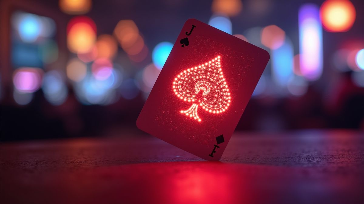 Artistic representation of a joker card in a casino setting.