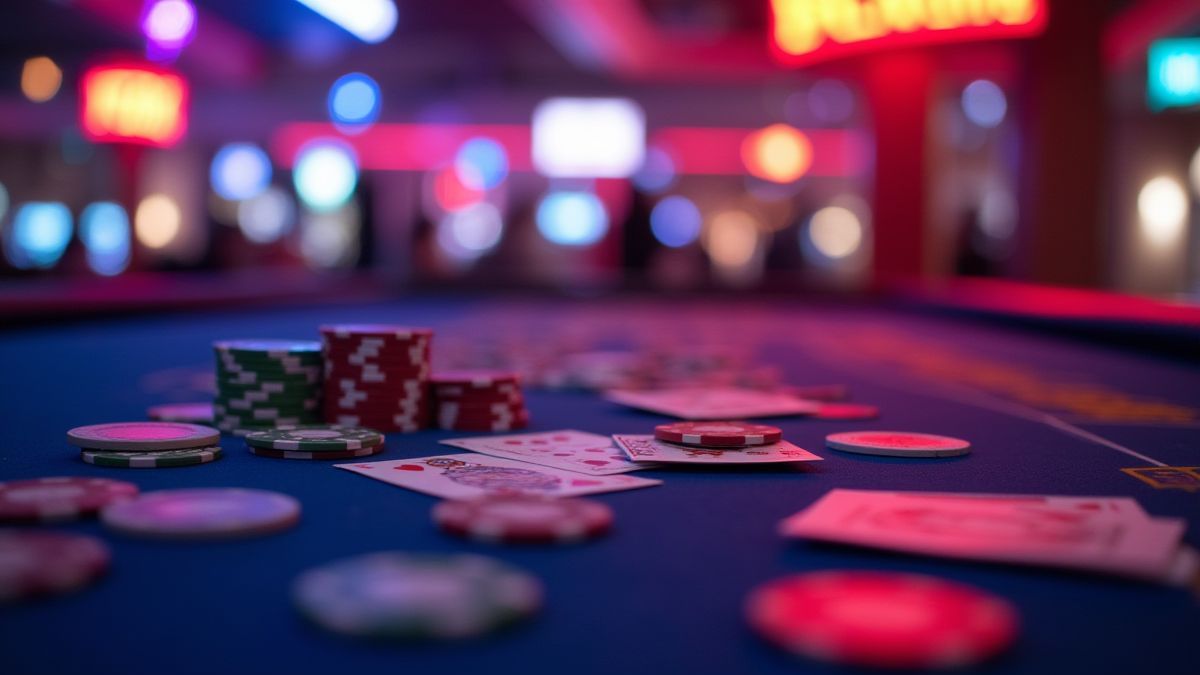 Neon-lit casino room with chips and cards on the table.