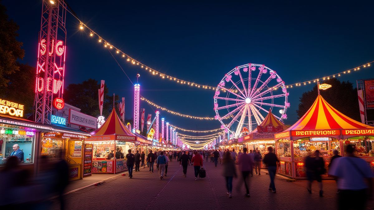 Ein nächtlicher Karneval mit strahlenden Lichtern und lebhaften Dekorationen.
