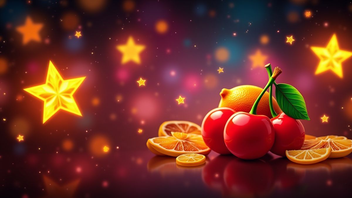 Bunte Früchte wie Kirschen, Zitronen und Sterne, die hell leuchten.