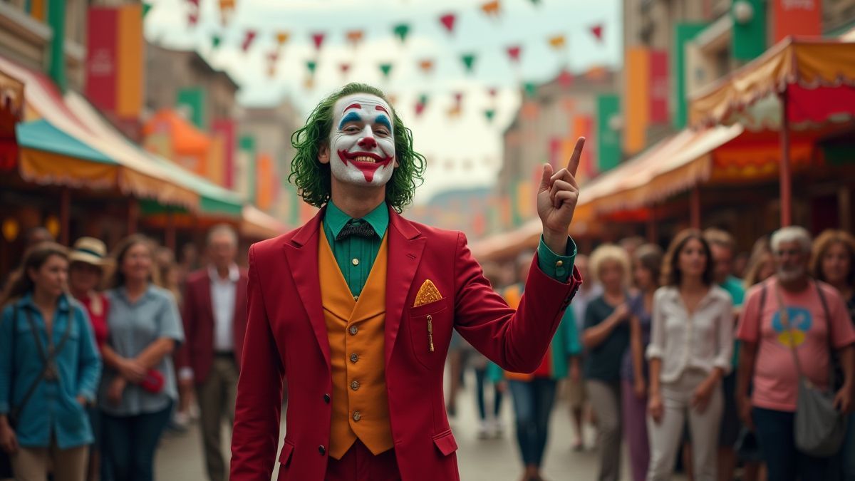 Carnaval vol kleuren met een nar die streken uithaalt.