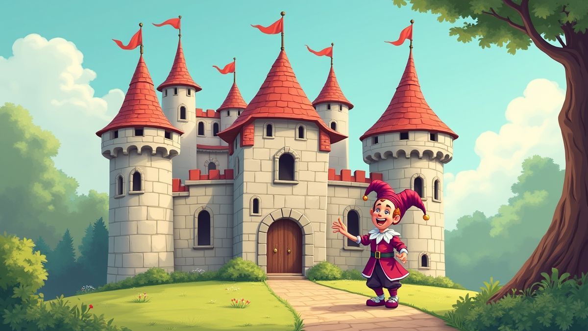 Ein mittelalterliches Schloss mit einem fröhlichen Hofnarren, der jongliert.