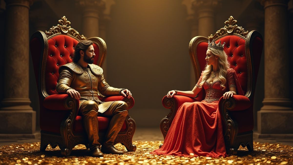 Ein König und eine Königin umgeben von Goldmünzen in einer mittelalterlichen Kulisse.