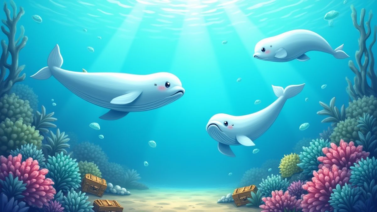 Koraal en beluga-walvissen in een onderwateromgeving.