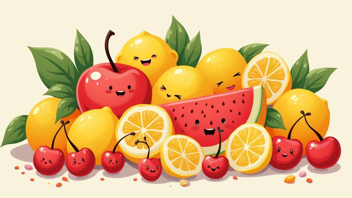 Fruits souriants dans un design rétro et coloré.