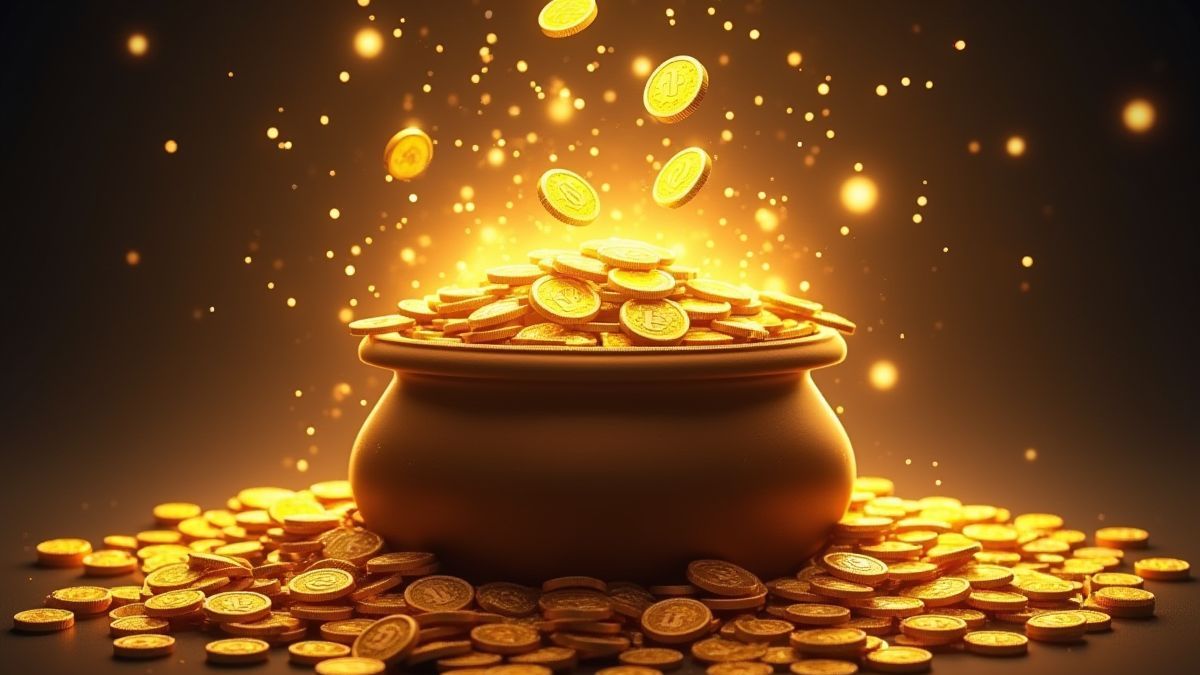 Olla desbordante de monedas de oro et billets entourés de lumières scintillantes.