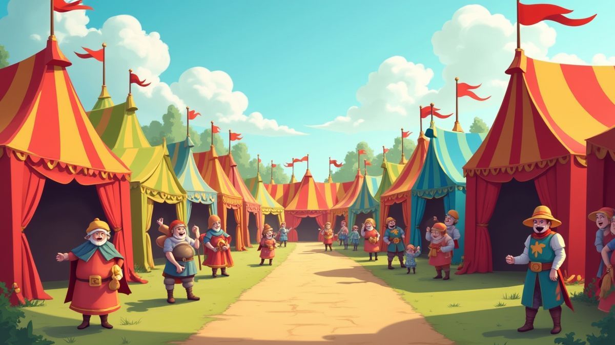 Feria medieval com lojas coloridas e personagens alegres.