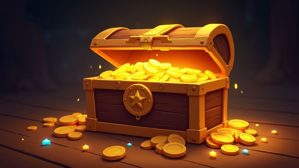 A treasure chest filled with shiny coins and jewels.