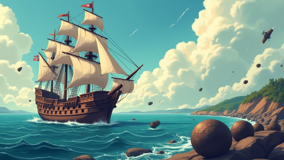 A pirate ship being attacked by cannons.