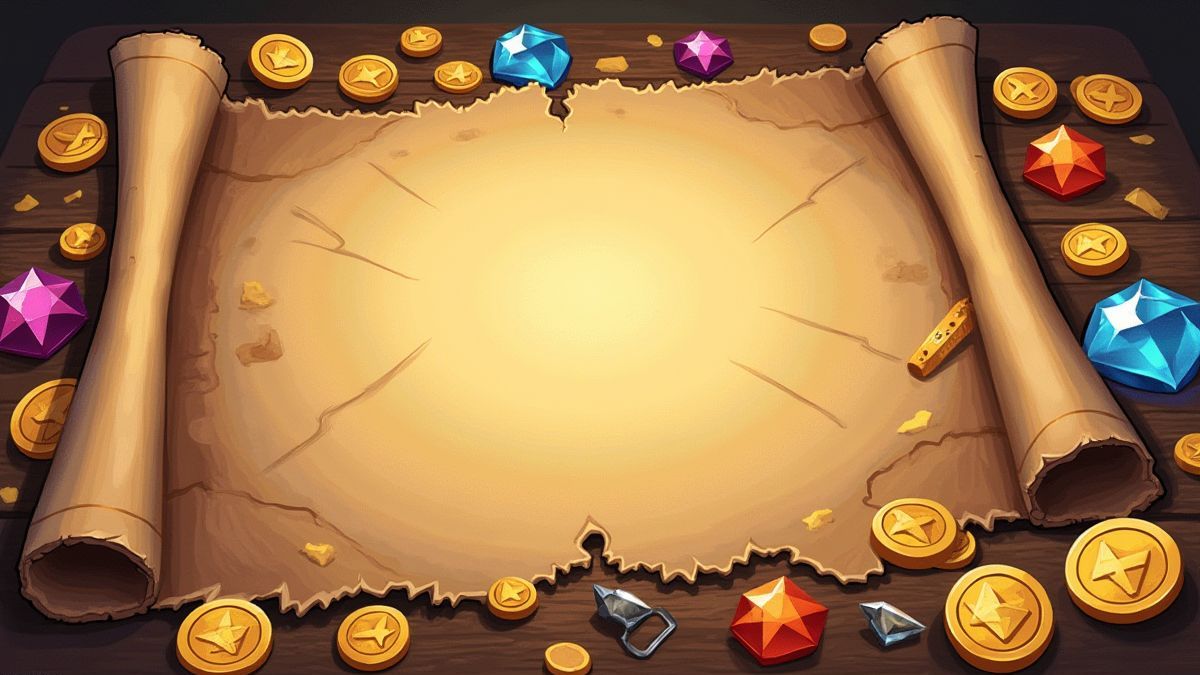 Mapa del tesoro con monedas de oro y gemas.