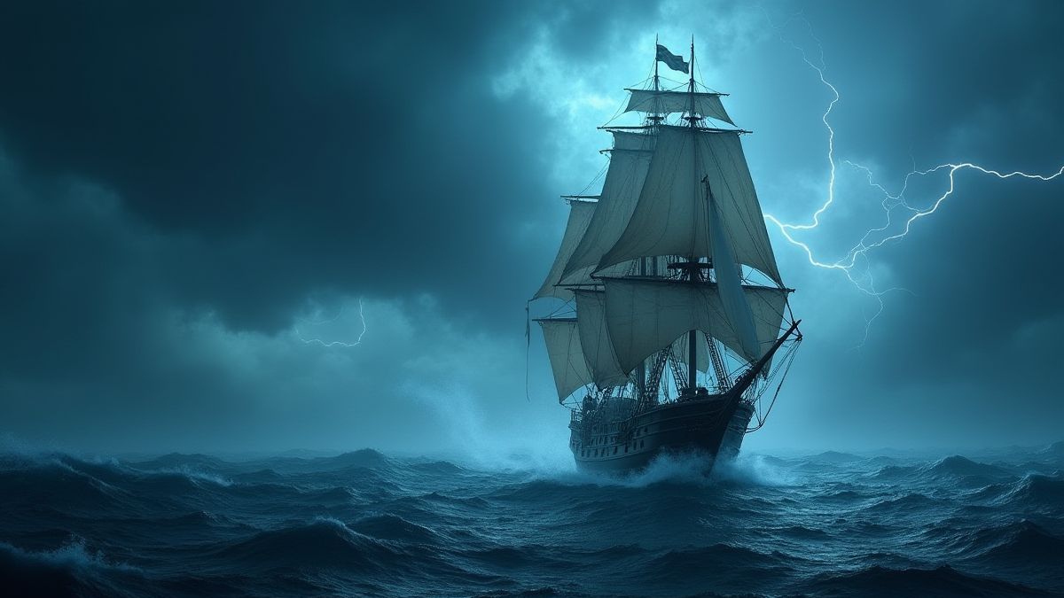 Barco pirata navegando en mares tormentosos.