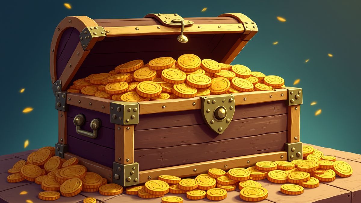 Eine Piratenschatztruhe, die überquillt von Goldmünzen und Juwelen.