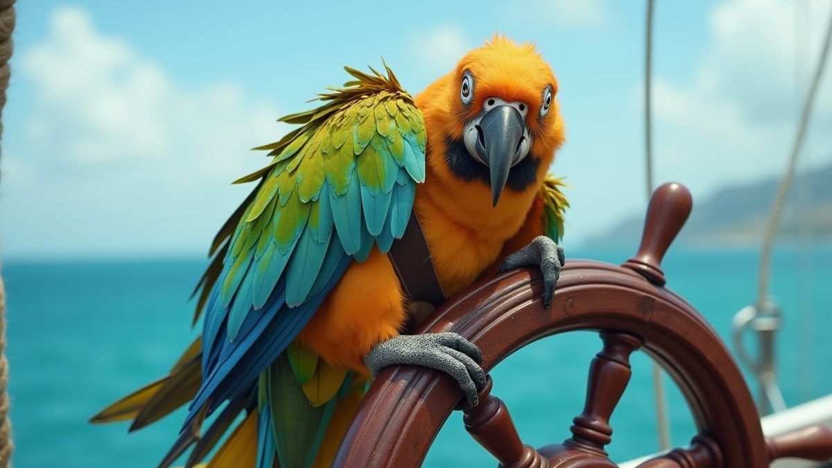Ein Piratenpapagei, der auf einem Schiffsrad mit dem Ozean im Hintergrund sitzt.
