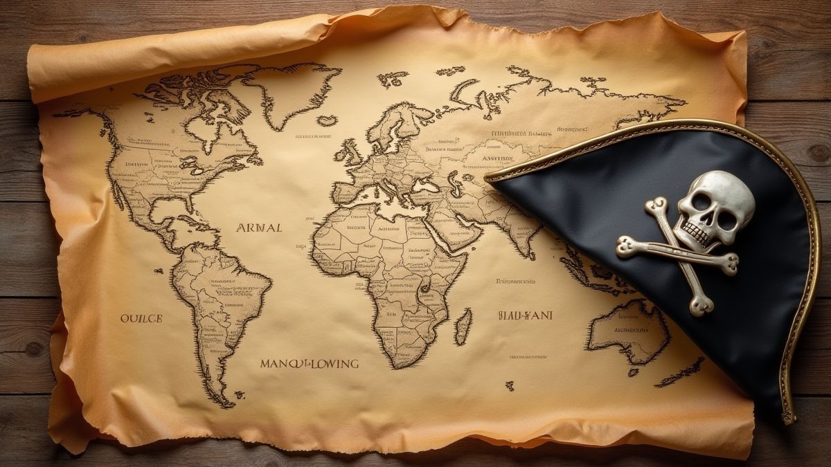 Eine Schatzkarte mit markierten Orten und einem Piratenhut darauf.