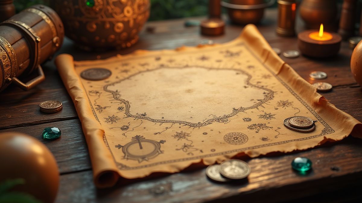 Mapa del tesoro animado con monedas y joyas en una mesa de madera.