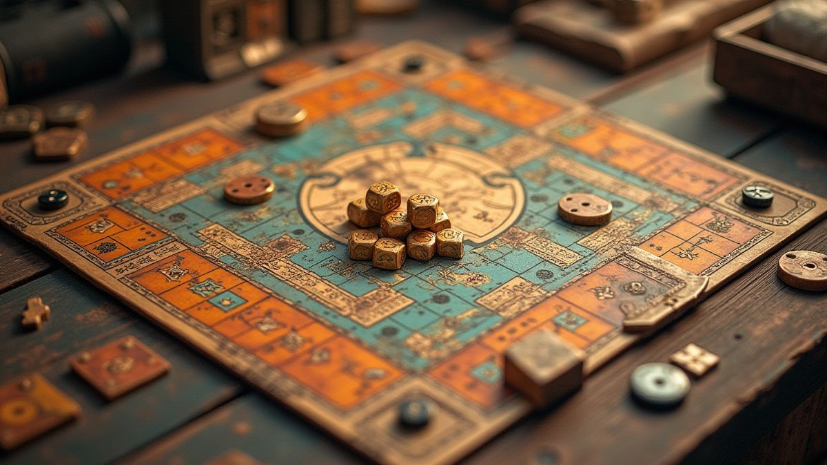 Tablero de juego pirata con dados y marcadores de tesoro.