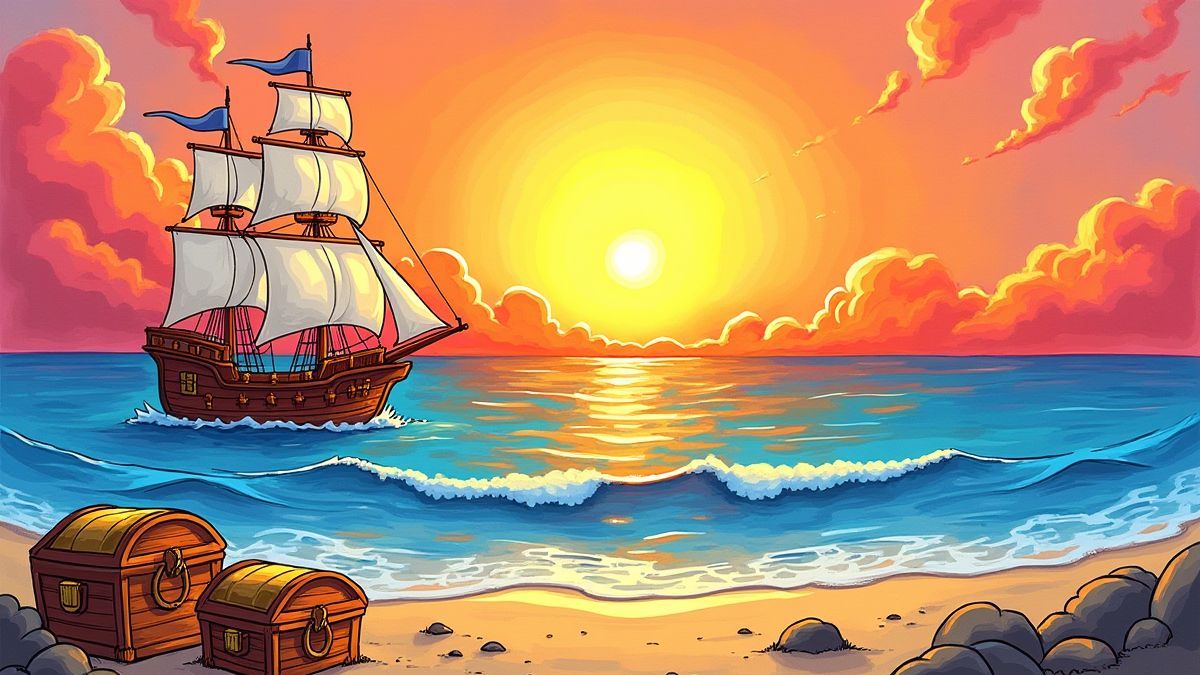 Atardecer con un barco pirata y cofres del tesoro en la orilla.
