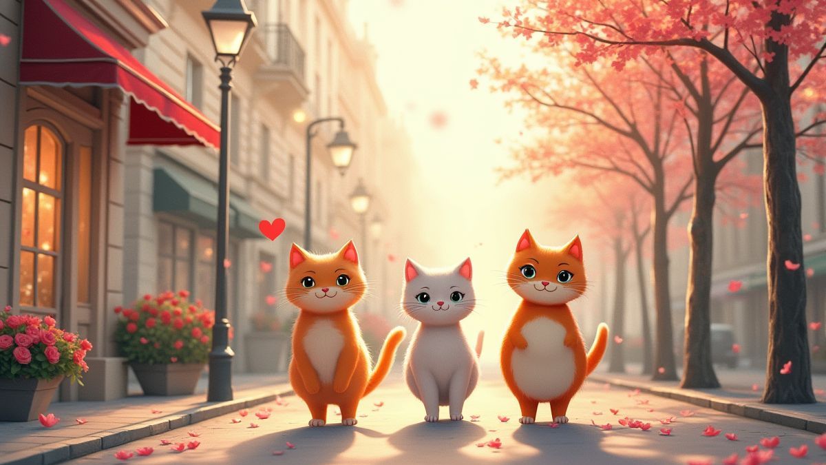 Katten die door een Parijse straat wandelen met romantische elementen.