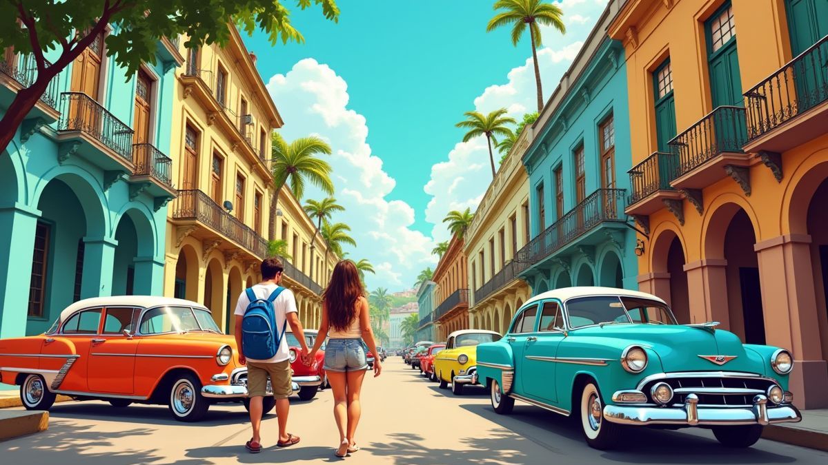 Una pareja explorando las coloridas calles de La Habana.