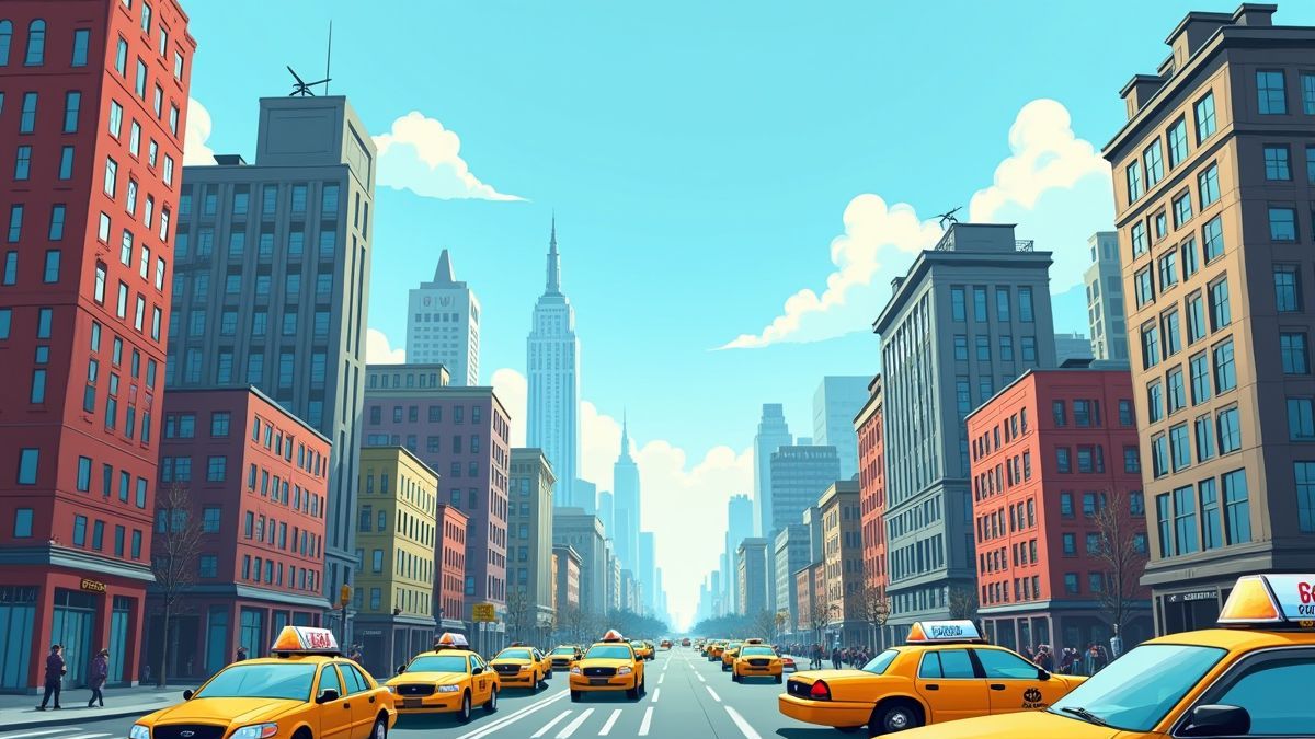 Una animada representación de Nueva York con rascacielos y taxis amarillos.