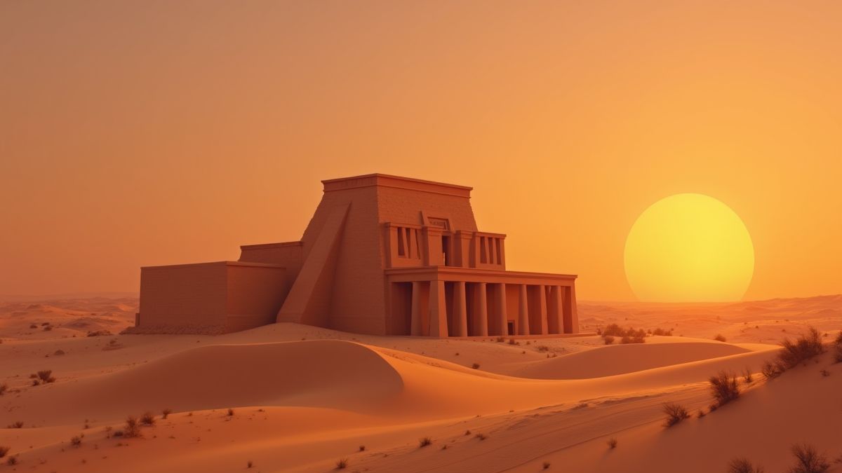 Ägyptischer Tempel umgeben von Dünen bei Sonnenuntergang.