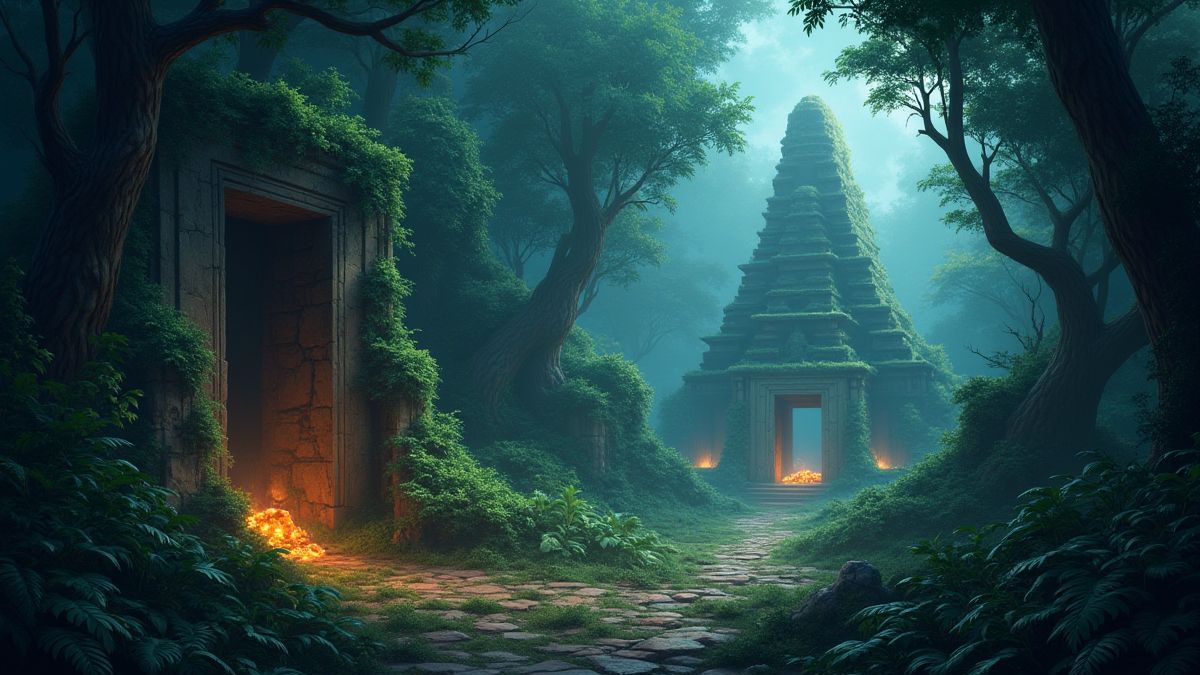 Jungla con ruinas antiguas y tesoros brillantes.