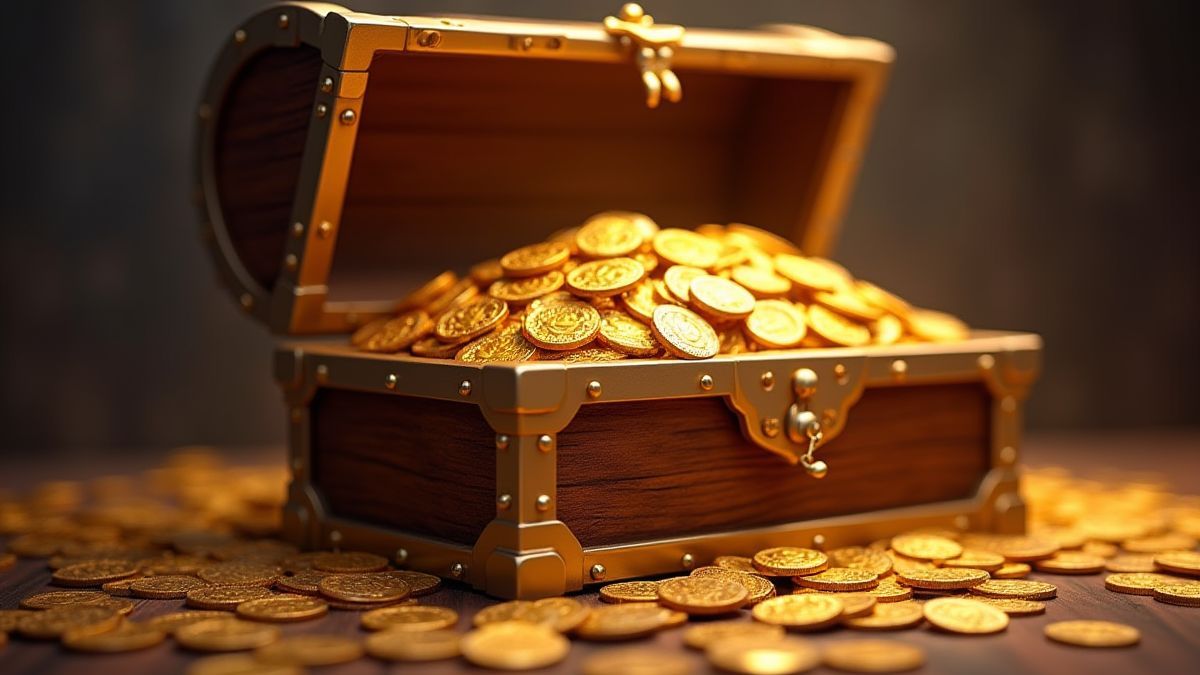 Cofre del tesoro lleno de monedas doradas y gemas preciosas.