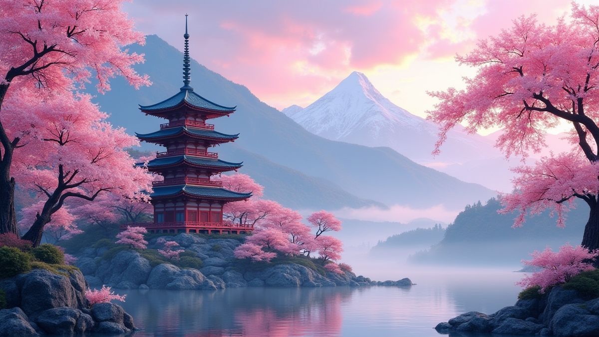 Un templo asiático rodeado de flores de cerezo y montañas.